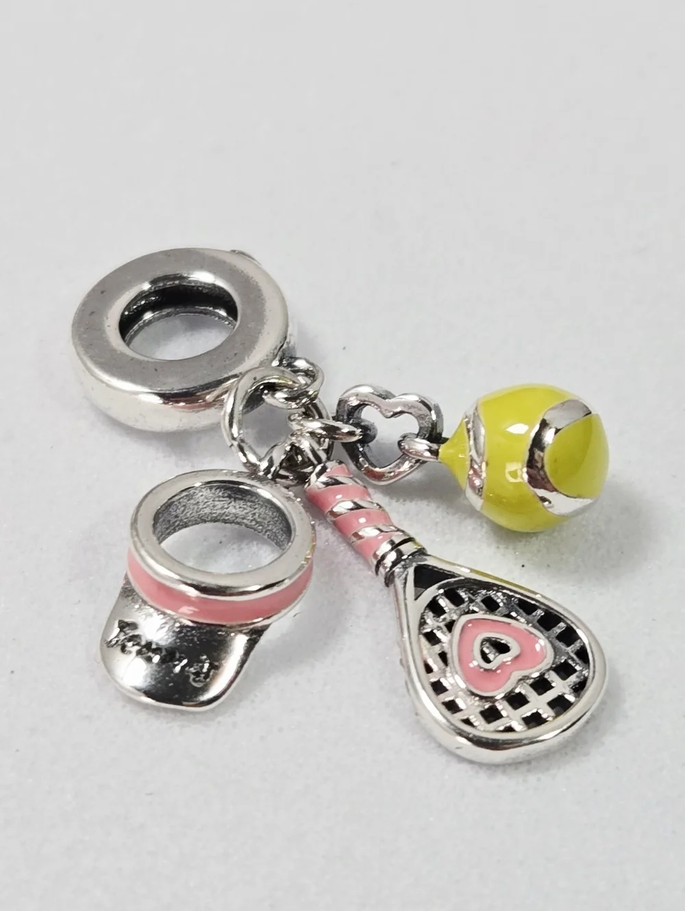 Tennis Girl Era Charm Pendant Silver Racket Ball Visor Pink Yellow Enamel Sporty
